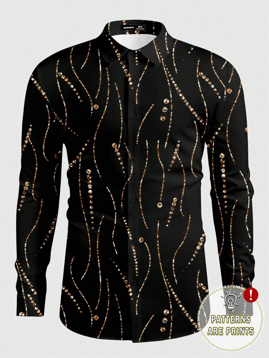 Manfinity AFTRDRK 男士亮片印花长袖衬衫，适合派对和外出穿着 - 黑色 - 查看 1