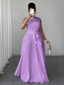 Maweii Plus Size Elegant Commuter Lace Patchwork Pleated Waist Sleeveless Dress - Mauve Purple - View 7