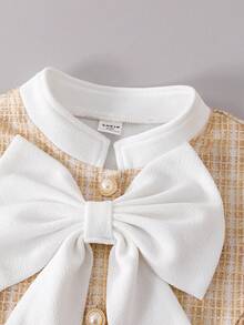 SHEIN 女童卡其色格子褶裥下摆立领前开襟针织连衣裙，适合优雅、日常和通勤穿着。 - 卡其色 - 查看 4