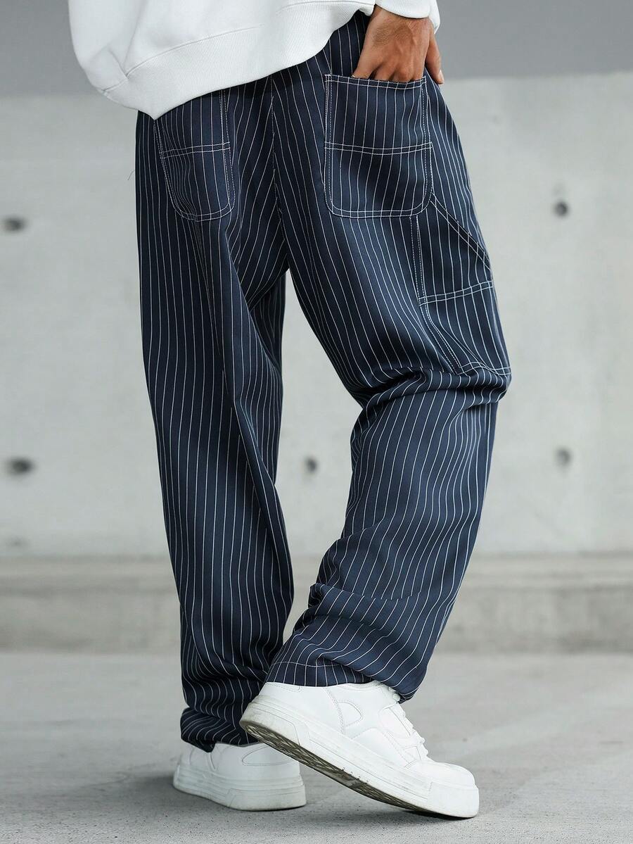 Manfinity EMRG Men's Striped Loose Pocket Casual Pants Baggy Clothes For Men Mens Navy Pinstripe Pants Mens Navy Blue Pin Strip Pants Mens Pinstripe Baggy Pants - Black and White - View 1