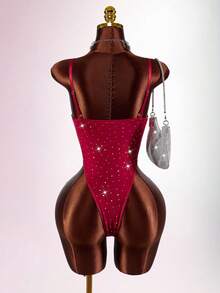 Amplova Burgundy Sexy Sleeveless Cami Bodysuit For Women With Sheer Fabric And Rhinestones