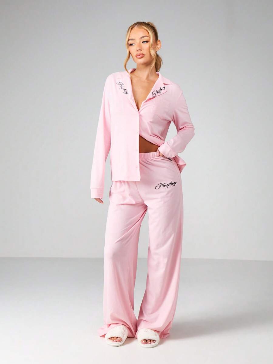 Missguided x Playboy Embroidered Bunny Long Sleeve Button Up Pajama Set With Wide Leg Pants - Pink - View 1