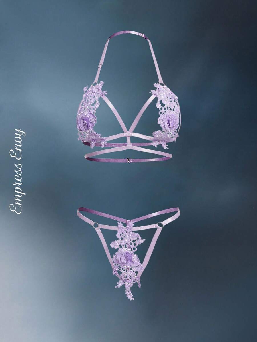 SHEIN Solid Color Applique Sheer Sexy Bra And Panty Lingerie Set - Mauve Purple - View 1