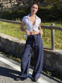 Abrilcols Pantalones elegantes con pernera acampanada y decoración de bolsillo en la cintura para mujer - Azul Marino - Ver 6