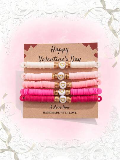 Kawaii 7pcs/Set Fashionable Sweet & Cute Heart Shaped Pendant & Beaded Alphabet Bracelet For Women Daily Wear, Valentine's Day & Friendship Gift,Mom,Mother,Mother's Day,Gift