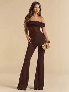 SHEIN BAE 优雅性感黑色透视网纱单肩阔腿连体裤，百搭实用，适合日常穿着、约会、外出、派对、聚会等各种场合 - 不对称连体裤、阔腿连体裤、情人节连体裤、日常连体裤、优雅连体裤 - 咖啡棕 - 查看 6