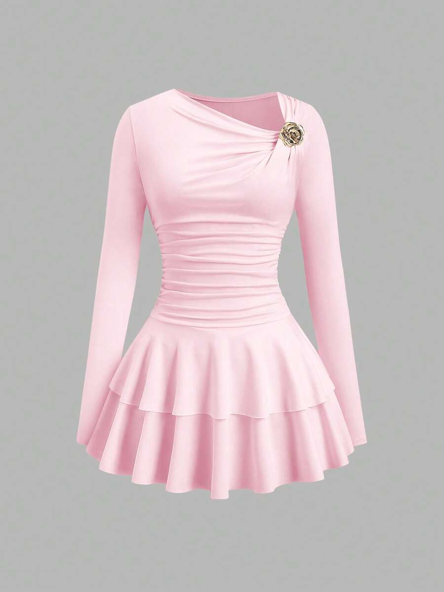 SHEIN PETITE Women's Autumn/Winter Coffee Color Asymmetric Long Sleeve Metal Decor Layered Ruffle Hem Mini Dress - Pink - View 1