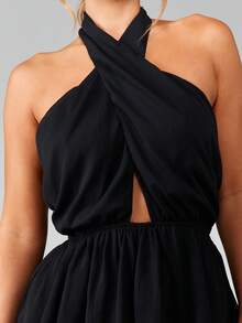 MISSGUIDED Halter Neck Chiffon Mini Dress With Crossover Front Ruffle Tiered Skirt Backless Evening Party Summer Night Outfit - Black - View 5