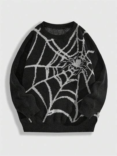 ROMWE MEN Street Life Teen Boy Spider Web Jacquard Knit Crew Neck Long Sleeve Casual Sweater, Autumn/Winter