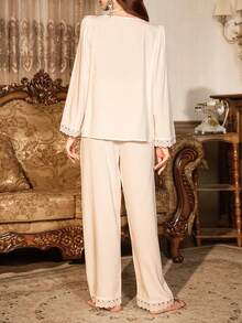 PalaceNights Set pigiama da donna con cardigan arricciato con ricamo vintage e pantaloni - Bianco - Visualizzare 2
