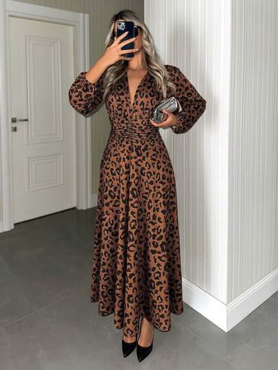 EURMUSE Leopard Print Long Sleeve Short Dress