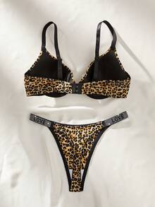 2PCS/Set Women Sexy Push Up Underwire Bras Low Rise Rhinestone Decor V-String Panty Lingerie Set Sexy Leopard Print Bra And Thong Set - Multicolor - View 4