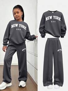 SHEIN Setelan Kasual Sehari-hari untuk Remaja Perempuan: Kaos Lengan Panjang Berkerah Bulat dengan Motif Huruf New York dan Celana Panjang Lurus - Grey - View 8