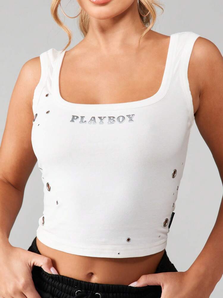 Missguided x Playboy Distressed Vintage Tank Top With Logo And Scattered Metal Eyelets For Casual Streetwear Style