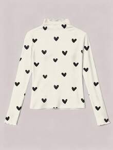 Veykashi 休闲可爱黑色爱心印花罗纹袖口和领口大码女式T恤，秋冬白色T恤，度假款 - 彩色 - 查看 3