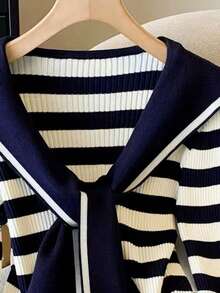 Resyla Women's Navy Collar Zebra Print Long Sleeve Casual Versatile Top - Navy Blue - View 3