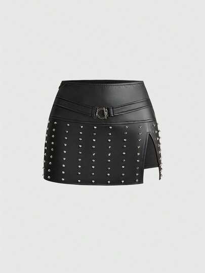 Grunge Punk Jupe mini en PU patchwork avec rivets, style punk sombre