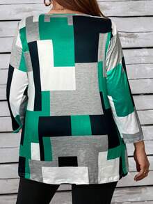 EMERY ROSE Plus Size Color Block Round Neck Long Sleeve Casual T-Shirt - Multicolor - View 2