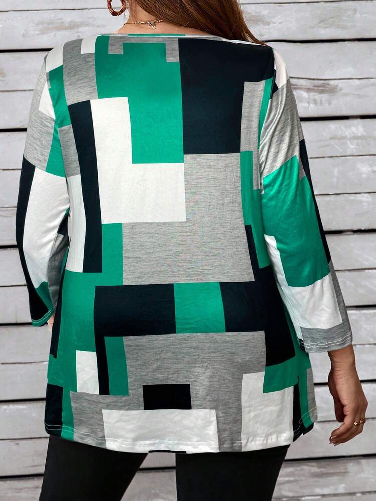 Plus Size Color Block Round Neck Long Sleeve Casual T-Shirt