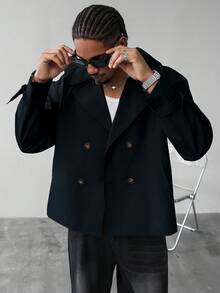 Manfinity Homme Men's Casual Everyday Commute Fashion Simple Solid Color Lapel Collar Double-Breasted Trench Coat, Autumn Dark Academia Clothes Men Double Breasted Blazer Men Navy Jacket Men Cropped Blazer Men Double Breasted Jacket,A Stylish Streetwear Versatile Item, Perfect As A Gift For Your Boyfriend. - Black - View 1