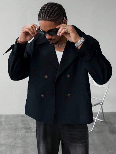 Manfinity Homme Men's Casual Everyday Commute Fashion Simple Solid Color Lapel Collar Double-Breasted Trench Coat, Autumn Dark Academia Clothes Men Double Breasted Blazer Men Navy Jacket Men Cropped Blazer Men Double Breasted Jacket,A Stylish Streetwear Versatile Item, Perfect As A Gift For Your Boyfriend.