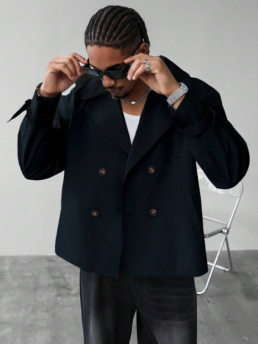 Manfinity Homme Men's Casual Everyday Commute Fashion Simple Solid Color Lapel Collar Double-Breasted Trench Coat, Autumn Dark Academia Clothes Men Double Breasted Blazer Men Navy Jacket Men Cropped Blazer Men Double Breasted Jacket,A Stylish Streetwear Versatile Item, Perfect As A Gift For Your Boyfriend. - Black - View 1