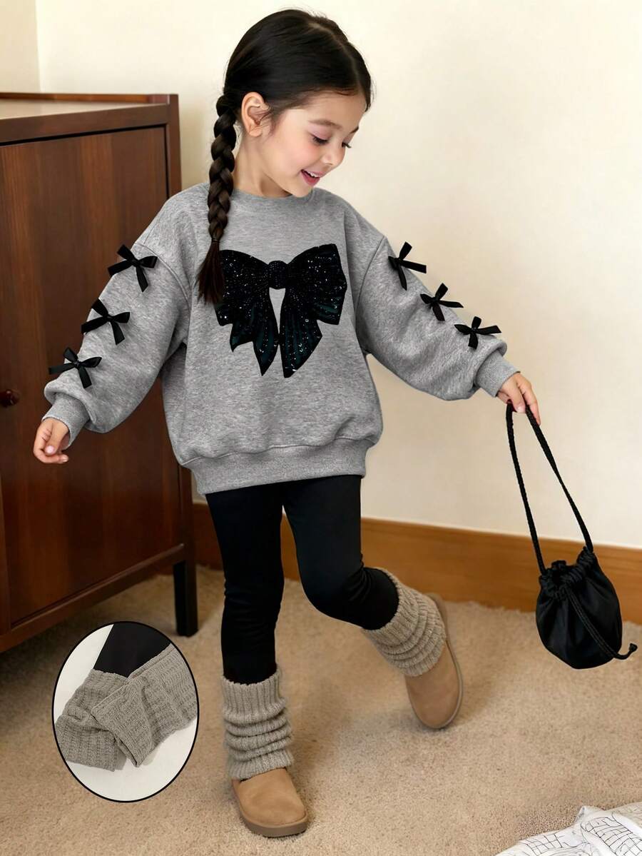 2pcs/Set Girls Casual Heart Pattern Long Sleeve Top And Black Pants Sweatsuit