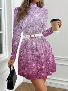Shutterstock Glamance Women's Casual Ombre Stand Collar Long Sleeve Dress, Suitable For Autumn/Winter Sparkle Dress Glitter Dress Purple Sequin Dress Long Sleeve Elegant Dress - Multicolor - View 4