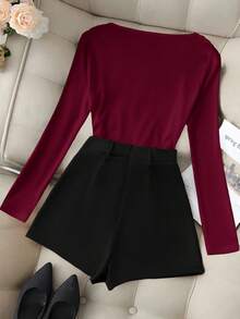 Franclia 女士纯色垂褶领长袖上衣和短裙套装，时尚百搭，适合通勤 - 彩色 - 查看 2