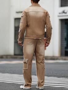 Manfinity Roughcore Men's Casual Distressed Frayed Hem Khaki Denim Outfit Mens 2 Piece Outfits Brown