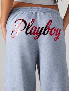 Missguided x Playboy Logo运动裤 慢跑裤 阔腿 松紧腰带 抽绳休闲家居裤 冬季舒适穿着 - 灰色 - 查看 5