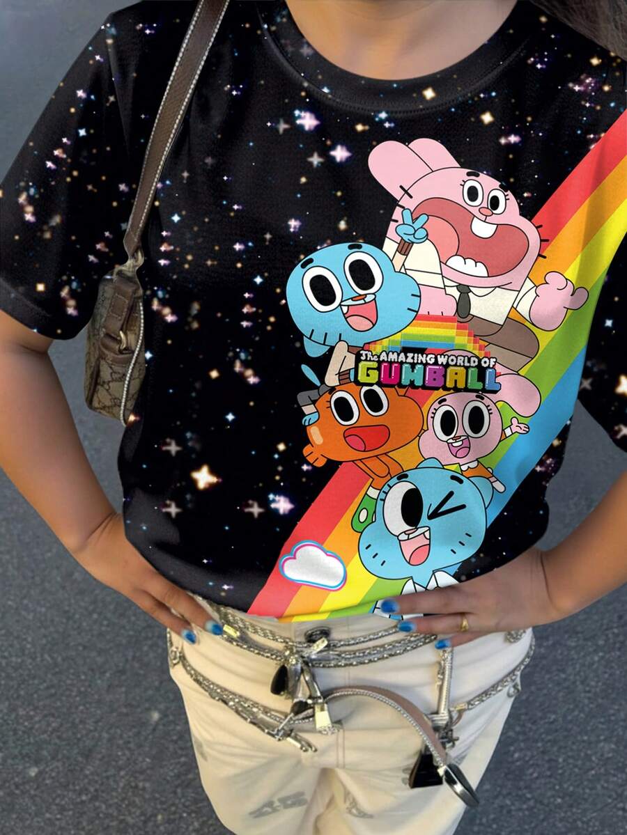 GUMBALL X SHEIN Tween Girl Casual Cartoon Pattern Round Neck Short Sleeve T-Shirt, Summer