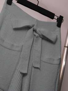 Franclia Bộ 2 áo len dệt kim trơn màu thường ngày cho nữ, áo khoác cardigan cài nút cổ bẻ và quần dệt kim có túi nơ phía trước - Màu Xám nhạt - Xem 4