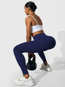 Slayform Leggings femininas de cintura alta, sem costura e modelagem slim - Leggings resistentes, macias ao toque, de secagem rápida, respiráveis e com elasticidade em 4 direções, ideais para corrida, ciclismo, ioga, pickleball, exercícios e uso casual. - Azul marinho - Ver 6