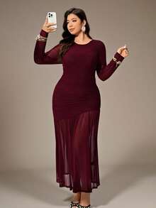 Auralis Damen Große Größen elegantes einfarbiges gerafftes figurbetontes transparentes Langkleid, geeignet für Herbst-Teegesellschaft, Valentinstag-Party, Konzerte, Dates