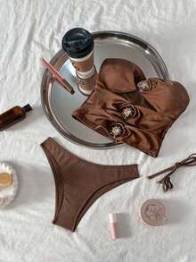 Swim Chiccia Metallic Sun Accent Ruched Waist Sexy & Elegant Women's Swimsuit Set - Brown - View 1