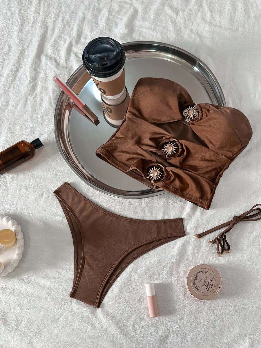Swim Chiccia Metallic Sun Accent Ruched Waist Sexy & Elegant Women's Swimsuit Set - Brown - View 1
