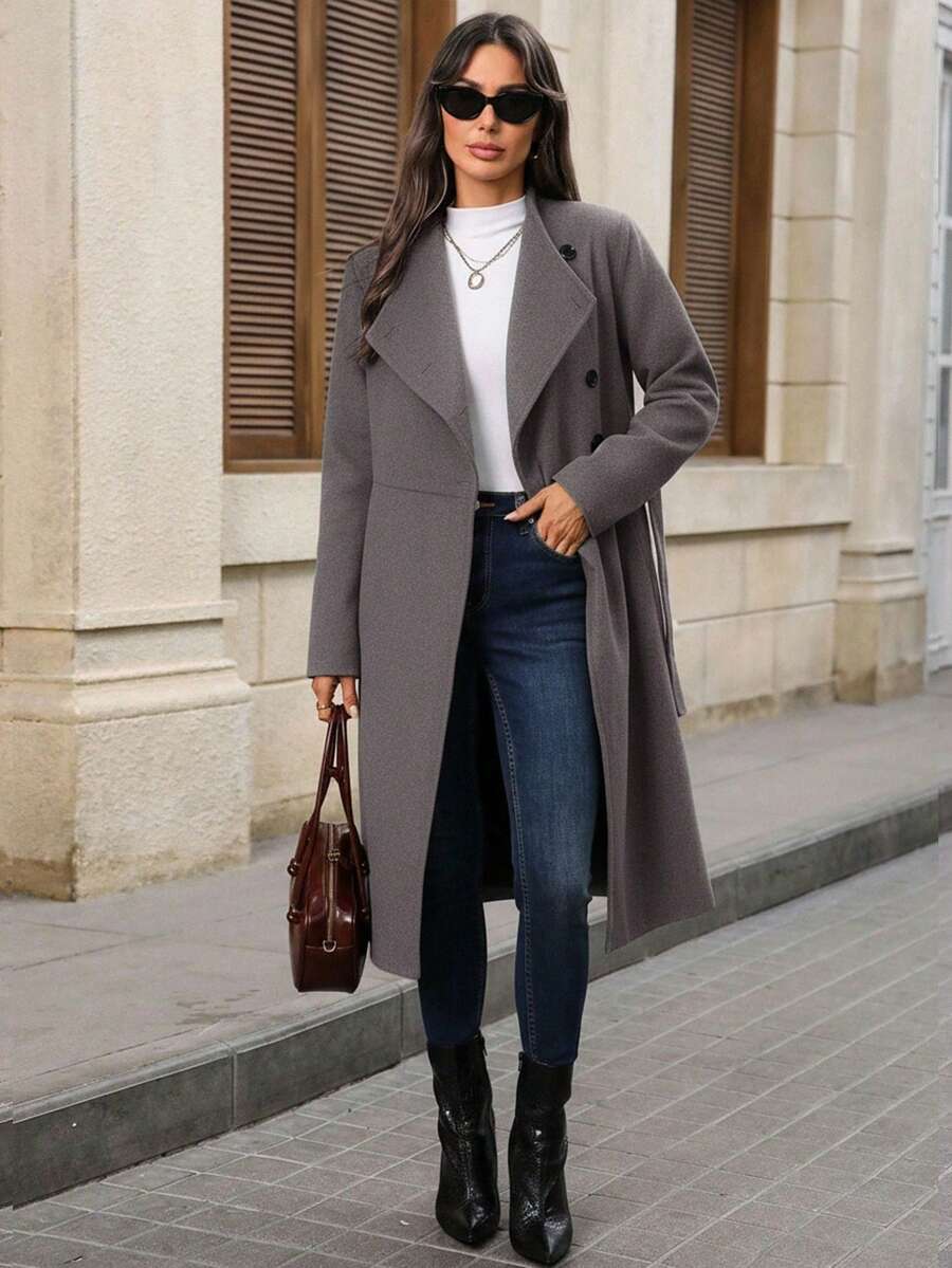 EMERY ROSE Women's Front Button Notched Collar Long Sleeve Maxi Overcoat, Fashionable & Versatile - Dark Grey - View 1