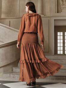 SHEIN Unity Women's Elegant Ruffled Maxi Dress, Brown Tiered Party & Vacation Outfit - Rust Brown - View 4
