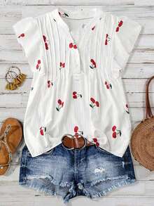 SHEIN Clasi 女士休闲樱桃印花褶领 H 型短袖衬衫，适合日常和假日穿着 - 彩色 - 查看 1