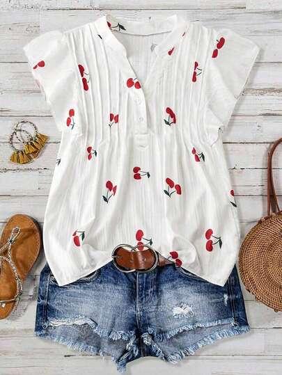 SHEIN Clasi Blusa casual de mujer con estampado de cerezas, cuello plisado y mangas cortas de campana en silueta "H", para uso diario y vacaciones
