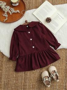 SHEIN 女婴复古法式灯芯绒领结长袖连衣裙，秋冬款 - 酒紅色 - 查看 2