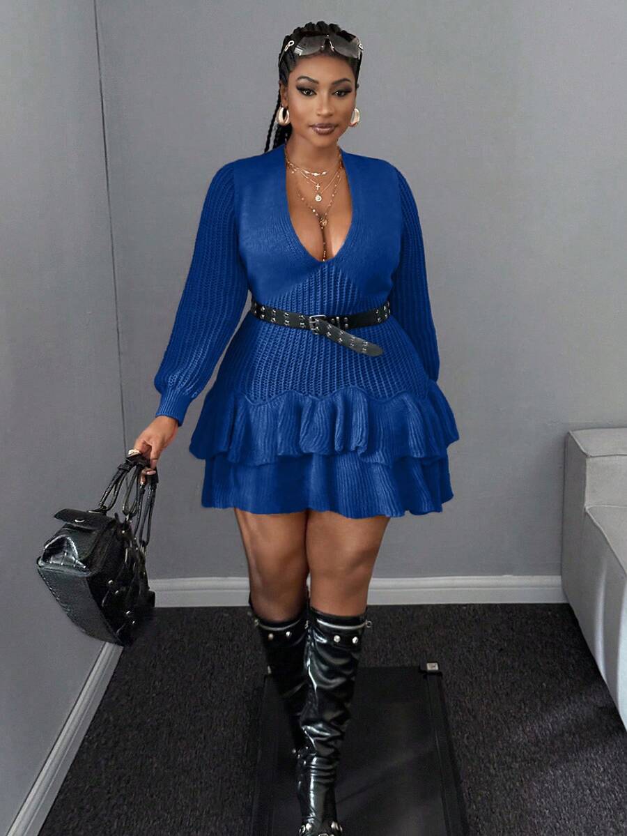 Maweii Plus Size Women Casual Solid Color Ruffle Hem Deep V-Neck Sweater Dress - Blue - View 1