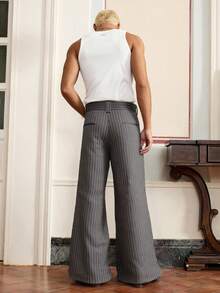 SWAVVY 男士时尚通勤条纹阔腿西装裤 - 藍白色 - 查看 3