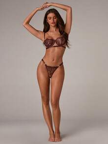 SHEIN BAE Women's Lace Underwire Coffee Brown Bra & Panty Sexy Lingerie Set - Coffee Brown - View 10