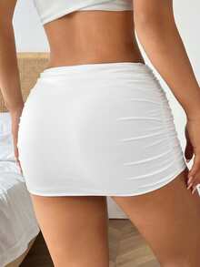 SHEIN EZwear Fashionable Sexy Solid Color Pleated Ultra-Low Waist Women Skirt White Skirt Mini Skirt Tight Skirt Ruched Skirt Skirt For Women - White - View 2