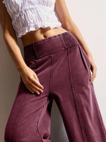 Bohemela Women's Casual Solid Color Knit Loose Wide Leg Washed Pants - Burgundy - View 5