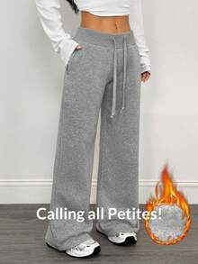 SHEIN PETITE Comfortable And Casual Plain Knitted Low Waist Wide Leg Women's Sports Pants With Fleece For Warmth In Autumn And Winter Winter Sweatpants Wide Leg Sweatpants Fleece Sweatpants Flare Sweatpants Sweatpants For Women - Grey - View 7