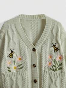ROMWE Áo khoác cardigan thêu hoa cổ điển, áo len ngắn cổ chữ V dệt kim màu xanh lá cây nhạt, áo khoác thường ngày thiết kế túi nghệ thuật - Màu xanh Bạc hà - Xem 3