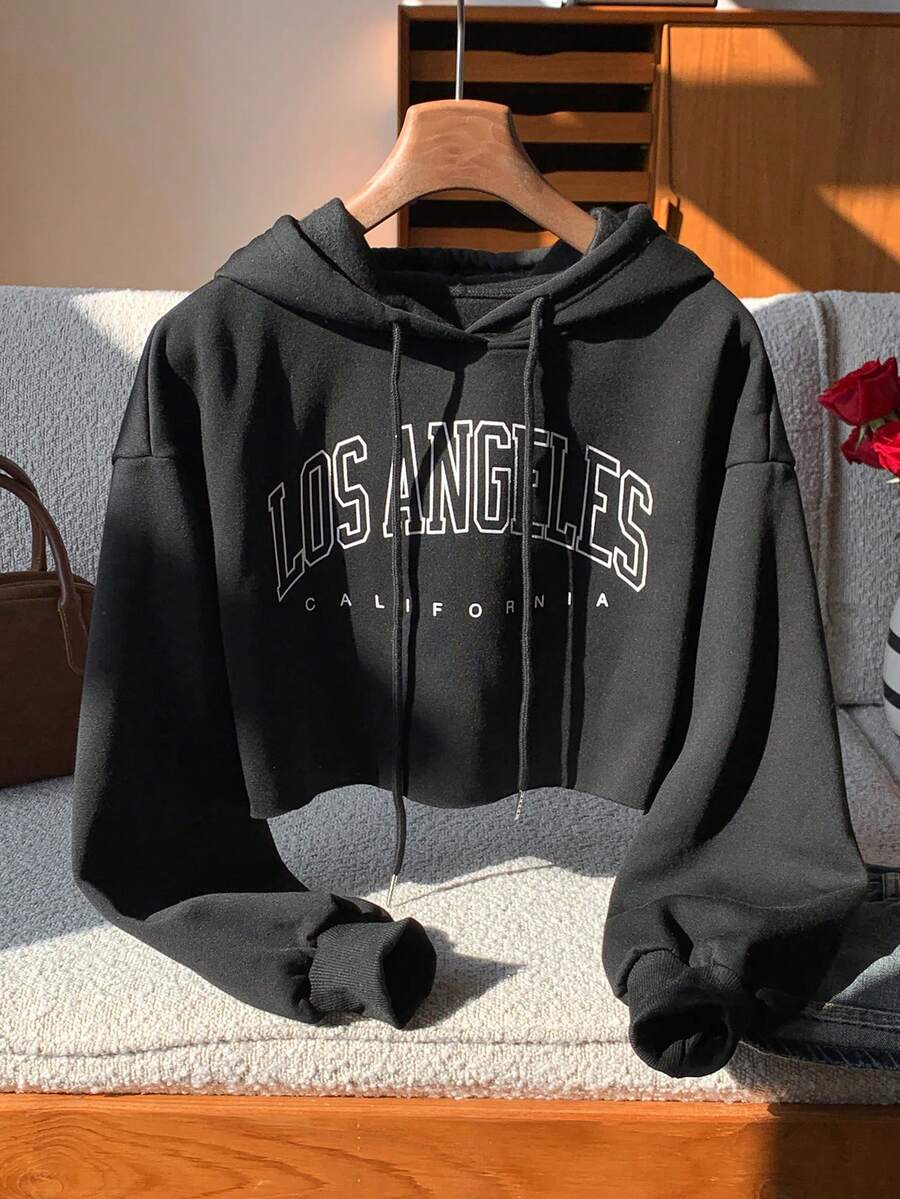 Comfortcana 秋冬字母图案落肩短款抽绳连帽衫、长袖上衣 - 黑色 - 查看 1